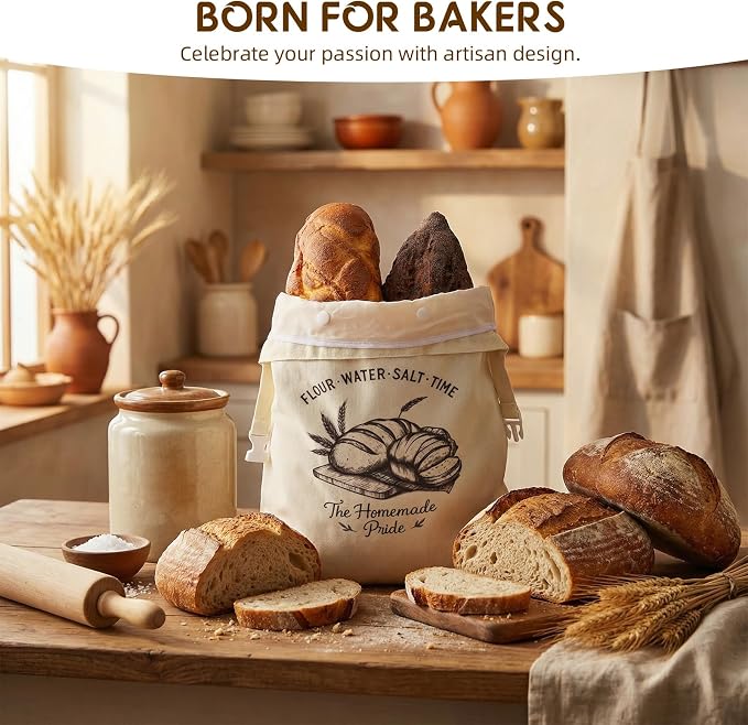 2 Pack Double-Layer Beeswax Sourdough Bread Bags, Reusable Organic Cotton Bread Bag with Detachable Beeswax Liner & Roll-top Buckle, Keeps Homemade Loaves Fresh Longer, XL Capacity | Washable linen shell