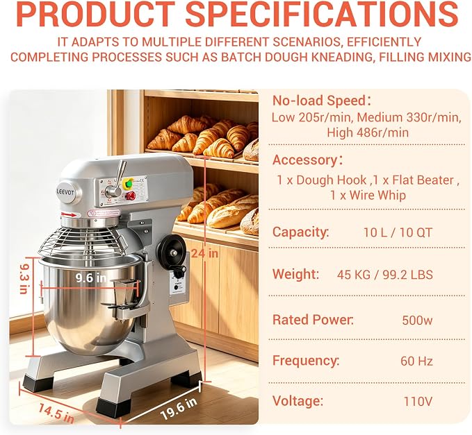 Commercial Food Mixer 10Qt. It can be set to run for 60 minutes at a time,500W Dough Mixer with Stainless Steel Bowl Dough Hooks Whisk Beater, With Safety Guard for Bakeries Restaurants Pizzerias