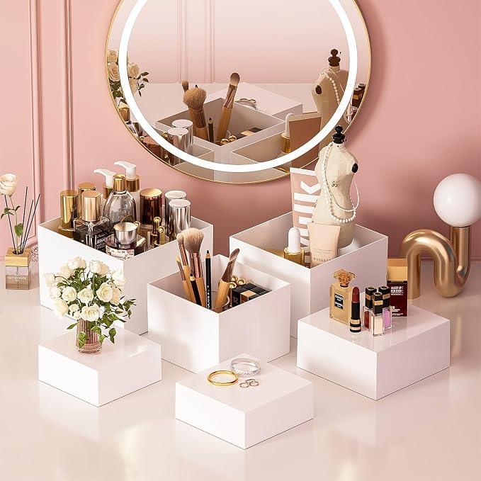 6 Pcs White Acrylic Boxes for Display as Buffet Risers and Stands, Food Risers for Party, Table, Stands, including 10", 9", 8.5", 8", 7.5", 6.8", (Large, 6Pcs, White)