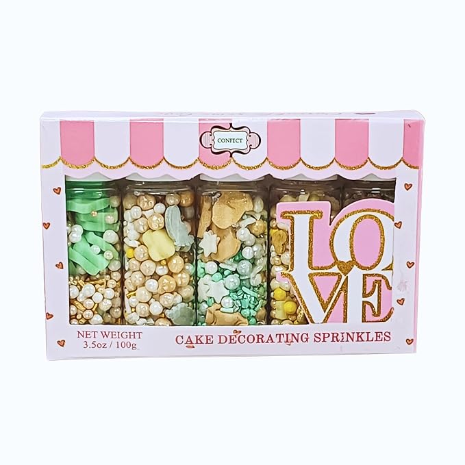 Confect Baby Shower Sprinkles | Gender Reveal Sprinkles | Gold, Silver, Mint Green & Pearl Dragees | Mix Silver Baby Feet & Feeding Bottle Sprinkle | Vegan & Gluten Free - 5 Oz