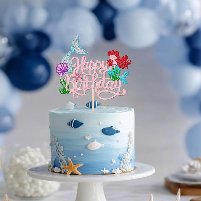 1 PCS Mermaid Cake Topper Glitter Mermaid Happy Birthday Cake Pick Starfish Seawood Seashells Mermaid Tail Cake Decoration for Under the Sea Theme Baby Shower Birthday Party Supplies Light Pink