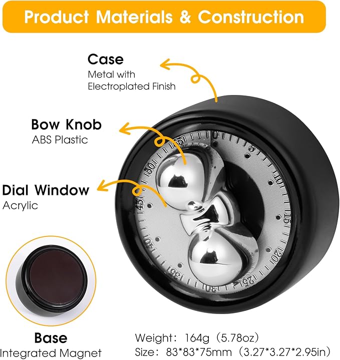 AURDWALL Magnetic Timer for Kitchen - Premium Metal Case Cute Bow Wind Up 55 Minutes Manual Countdown Timer for Kids, Classroom, Home, Study and Cooking (Black)