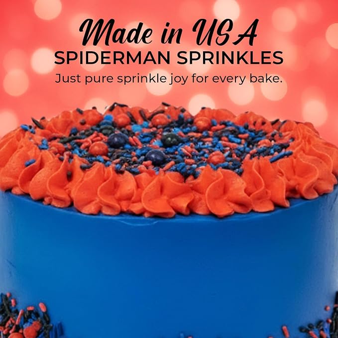 Spiderman Sprinkles for Cake, Cookie, Cupcake Decorating, and Baking - Fancy Edible Spiderman Cake Decorations Sprinkles and Toppings in Red, Blue, and Black Jimmies, Nonpareils, Sugar Pearl