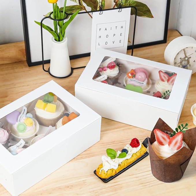NPLUX 30 Pack Cupcake Boxes with Inserts 6 Holders, White Standard Bakery Boxes with Window Food Grade Cupcake Containers for Muffins,Gift Treat Boxes for Cupcakes