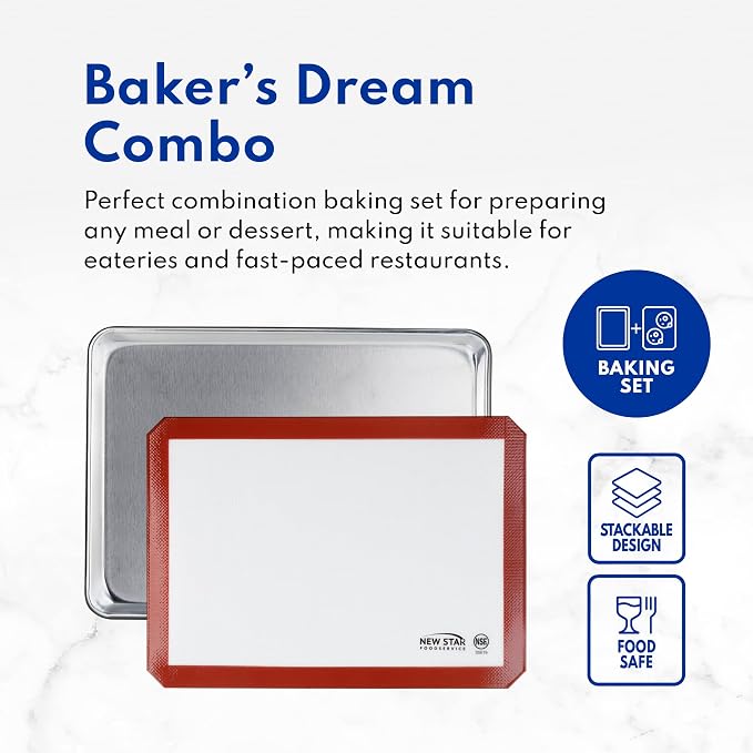New Star Foodservice Commercial 18-Gauge Aluminum Sheet Pan and Silicone Baking Mat Set, 15 x 21 inch (Two-Thirds Size)