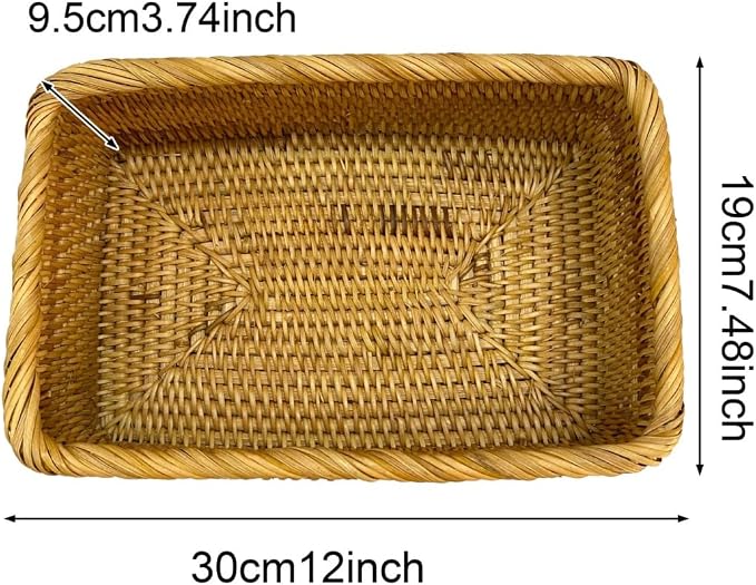 Natural Rattan Storage Baskets, Natural Rattan Fruit Storage Basket Rectangular Woven Wicker Box, Rectangular Woven Fruit Baskets, Wicker Organizer for Bathroom, Living Room (11.8" X 7.5" X 3.7")