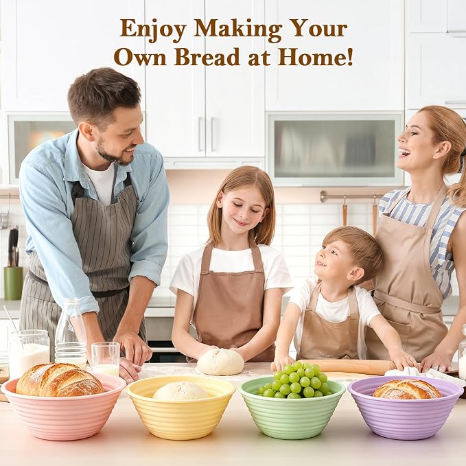 4 Pack Silicone Banneton Bread Proofing Baskets, 9" Collapsible Non-Stick Sourdough Proofing Bowls for Bread Baking, Round Dough Rising Baskets