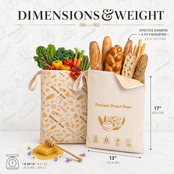 2-Pack XL Beeswax Bread Bags, 13"×17" Large Capacity, Natural Bees Wax & Cotton Re-usable Storage for Fresh Food, Home Baking & Sourdough Loaves, Easy-Access Wide Zipper Seal, Breathable Moisture Lock