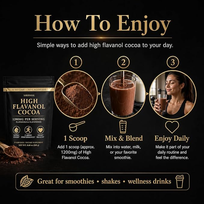 High Flavanol Cocoa Powder 245g, 1200mg Cocoa Flavanols & Flavonoids Per Serving with 600mg Epicatechin, 10X Concentrated Cocoa Extract, Premium Cocoa Powder for Daily Use