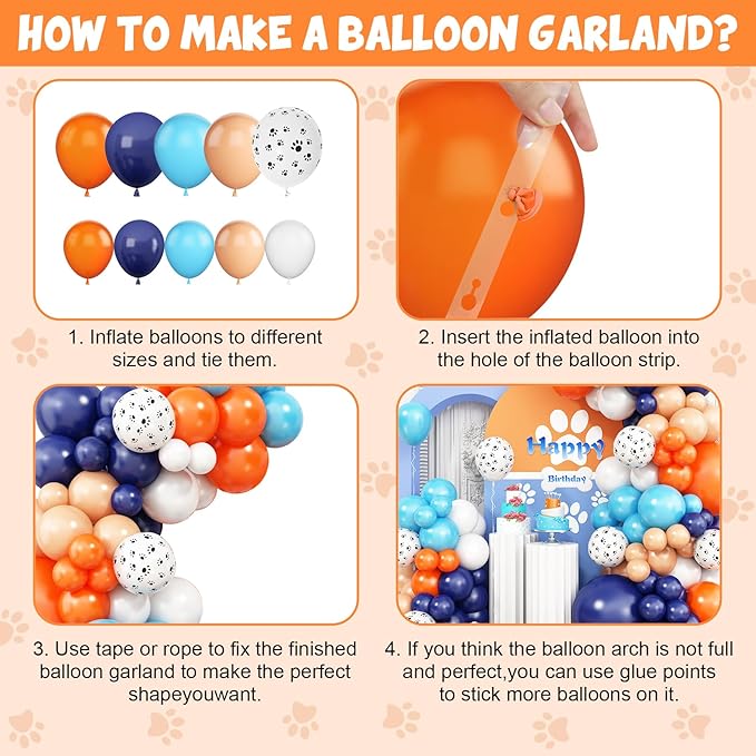 Orange Blue Beige Balloons Garland Kit, Navy Blue Light blue and orange Balloon Arch Kit with Dog Paw Printed Balloon, Orange Blue Apricot Balloons for Puppy Paw Themed Boy Birthday Party Decorations