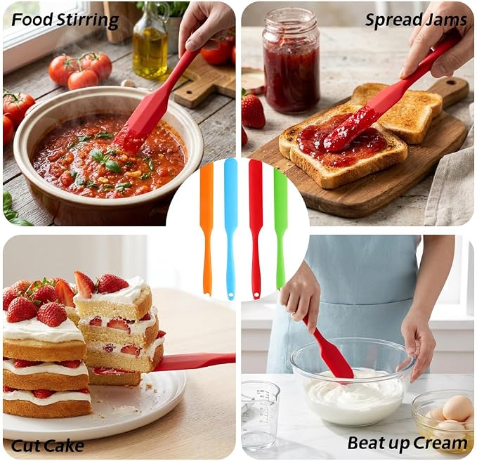 4 Pcs Silicone Jar Spatula, Long Handle Skinny Spatula Scraper for Jars & Bottles, Heat Resistant Small Spatulas Set for Kitchen Baking Sourdough Cake Makeup Essentials, Green+Red+Orange+Blue