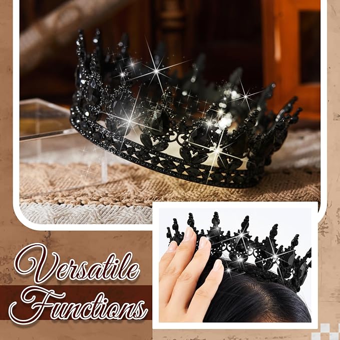8 Pcs Black Queen Crown Cake Topper for Women, Happy Birthday Cake Toppers Foam Balls Rhinestone Crystal Tiara Wedding Decoration for Princess Party Photo Props