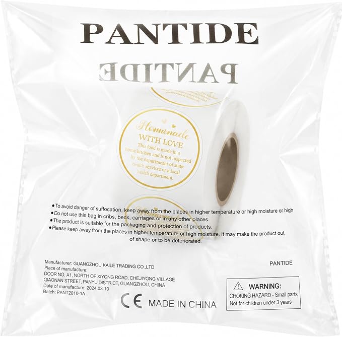 PANTIDE 500 Count Clear Cottage Food Law Labels Transparent PVC Stickers | Homemade with Love, Adhesive Round Decal Roll, Made in a Home Kitchen, for Baked Food Packaging, 2 x 2 Inch, Gold Foil Script