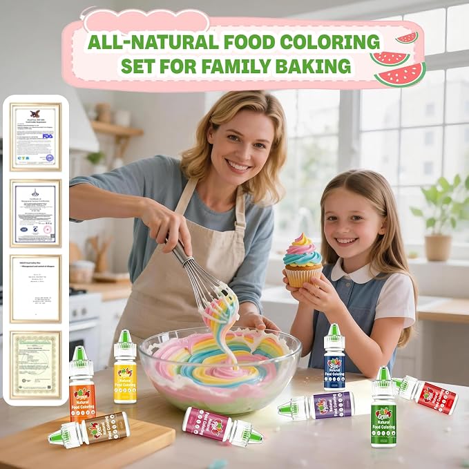 Natural Food Coloring Set 8 Colors FD&C Dye Free Natural Food Dye Set for Cake Baking Easter Egg Icing Frosting Fondant Cooking Decorating - 0.25 Fl. oz (6 ml)/Bottles
