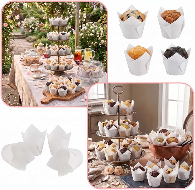 200 Pcs White Tulip Cupcake Liners for Baking, Standard Size | Standard Greaseproof Tulip Muffin Liners for Baking, 3oz White Paper Cupcake Wrappers for Party Wedding Birthday
