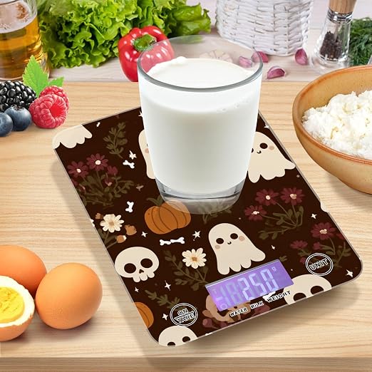 Food Scale Kitchen Digital Scale Food Ounces and Grams Dieting Baking Cooking Waterproof Glass Panels LCD Display,4 Units Scale Tare Function Halloween Fall Skull