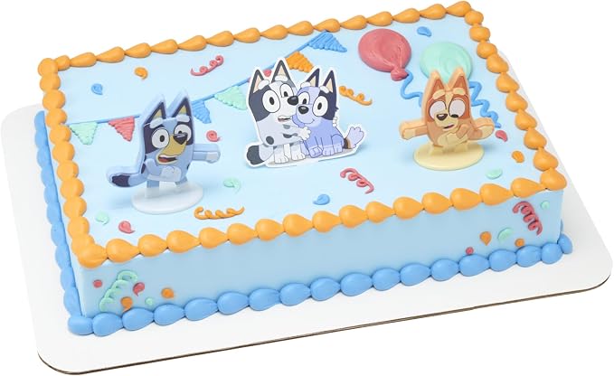 DecoSet® Bluey Dance Mode Cake Toppers, 3 Piece Cake Decoration With Bluey And Bingo Figurines and Muffin & Socks Poly Pic, For Birthday, Parties, Celebration