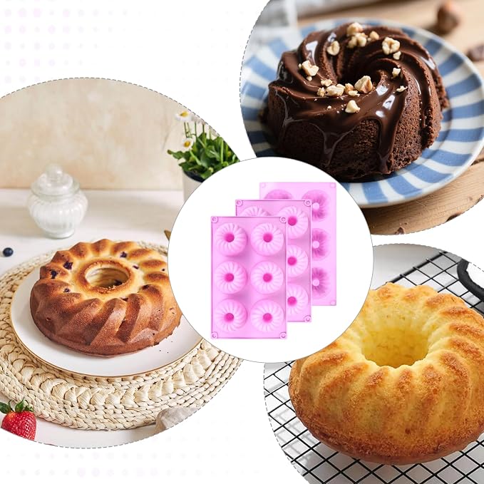 3 Pack Purple Mini Cake Pans for Baking, Silicone Small Cake Pan Mold Moldes Para Gelatinas, 6 Cavity Nonstick Mini Cheesecake Pans, Jello Molds Silicone Donut Pan for Baking Cupcakes Chocolate