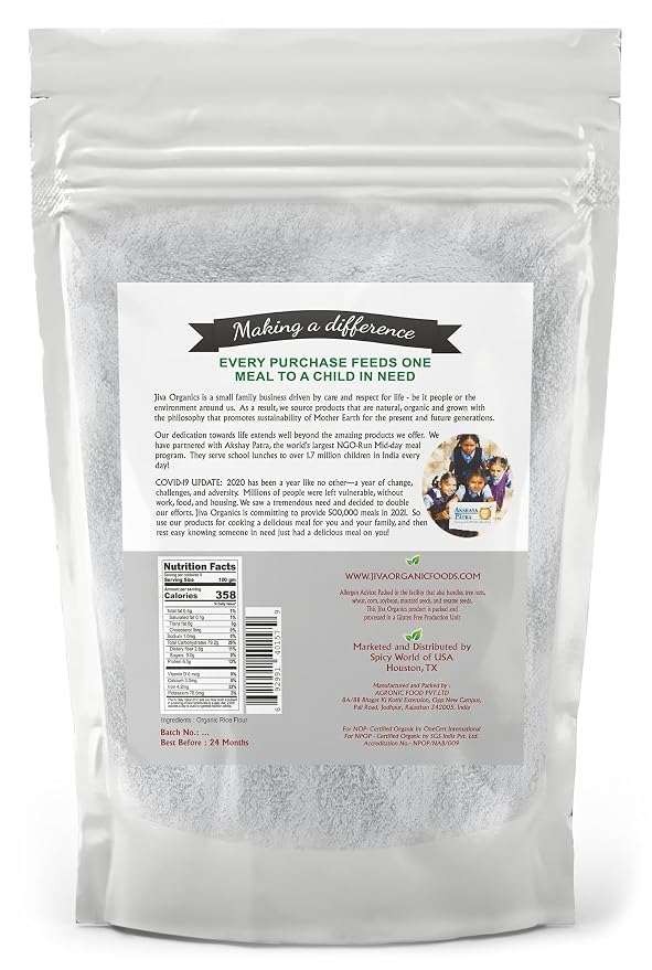 Jiva Organics Premium White Rice Flour 2 LB Bag - Gluten Free, Non GMO