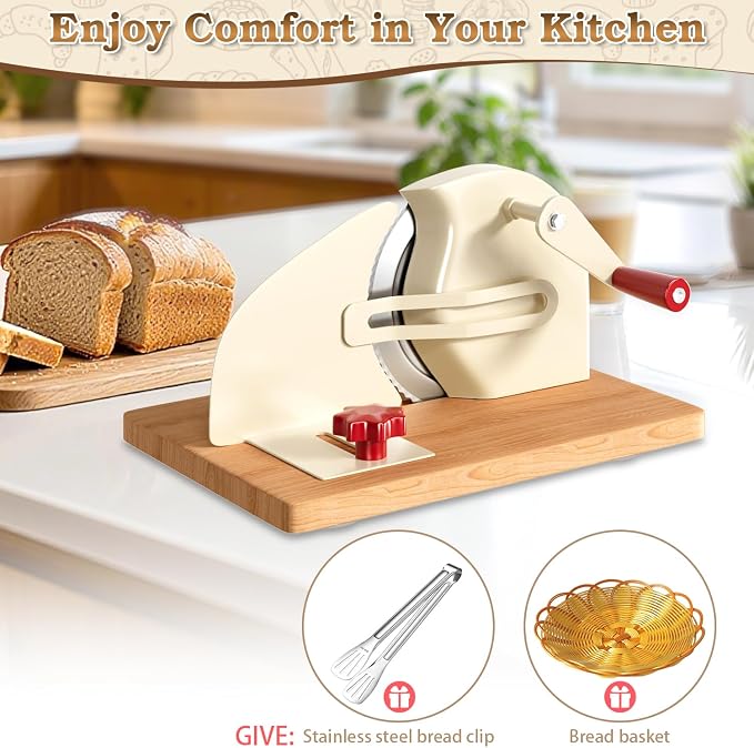 Manual Adjustable Bread Slicer Homemade Sourdough Bread Cutter with Scale Line, Bottom Suction Cup, with Clip and Plate (White)