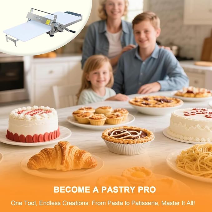 Commercial Grade Manual Dough Roller Machine, Folding Dough Sheeter, with 0-25mm Adjustable Thickness Settings for Baking Pizza, Pastries, and Fondant at Home or Bakery
