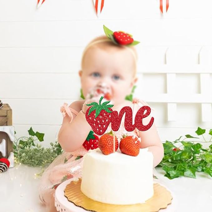 1 PCS Strawberry One Cake Topper Glitter First Birthday Sweet One Strawberry Cake Pick Berry 1st Birthday Cake Decoration for Strawberry Theme Baby Shower Kids 1st Birthday Party Supplies Red