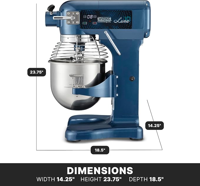 Waring Commercial Luna Planetary Stand Mixer, 10-Quart Capacity, 3/4 Horsepower Motor with Digital Timer, for Professional Bakeries & Commercial Kitchens, WSM10LT