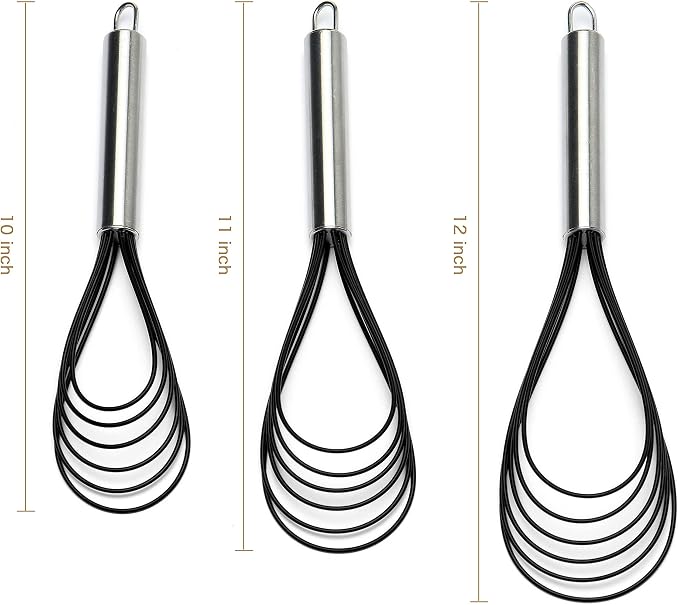 Flat Whisk Set,Stainless Steel 3 Pack 10''+11''+12'' Premium Sturdy-6 Silicone Heads Non Stick Wires Whisk for Blending Beating Stirring Kitchen Cooking by Jell-Cell (Black)