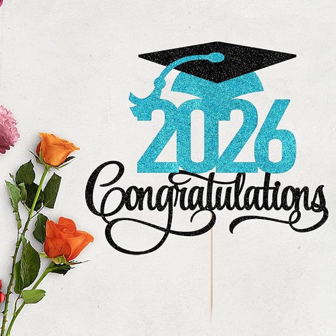 Black blue Glitter 2026 Congratulations Graduation Cake Topper,Congrats Grad Cake Decor - 2026 High School/College/Senior Graduation Party Decorations Supplies