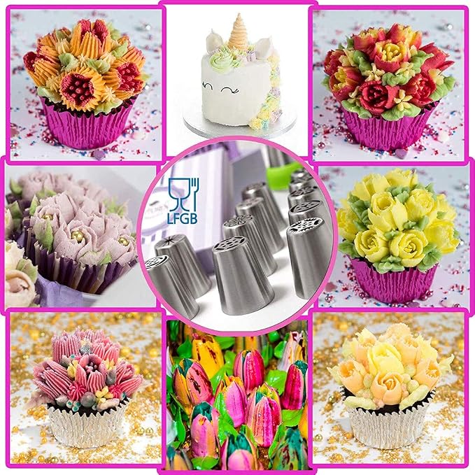 Russian Piping Tips Set, 24pcs Supplies Kit, Icing Nozzles Flowers Shaped, Frosting Bags and Tips Baking Supplies (24pcs)