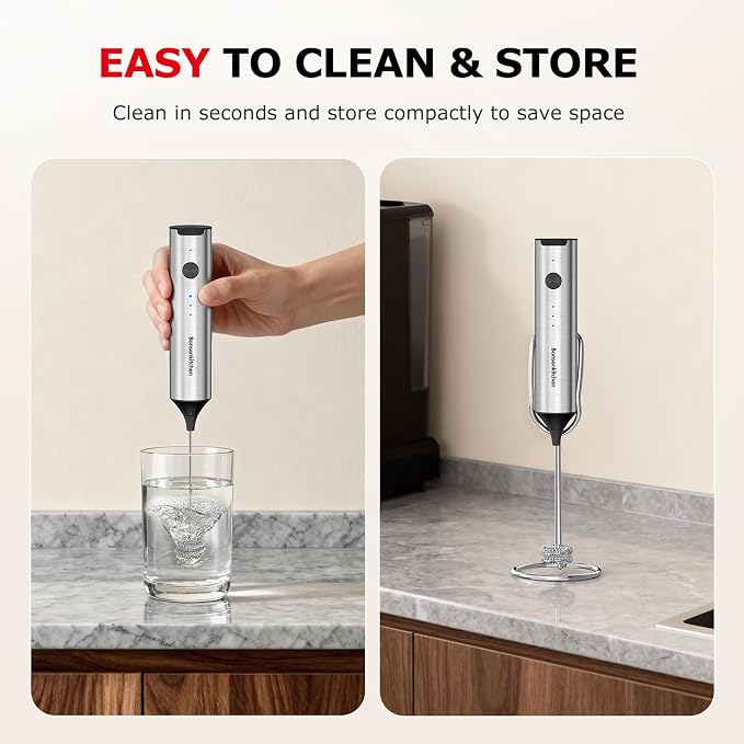 Bonsenkitchen Rechargeable Milk Frother with Stand, 3-Speed Handheld Coffee Frother, Dual Spring Whisk Electric Hand Frother Wand Drink Mixer for Lattes Cappuccino Protein, Kitchen Gifts
