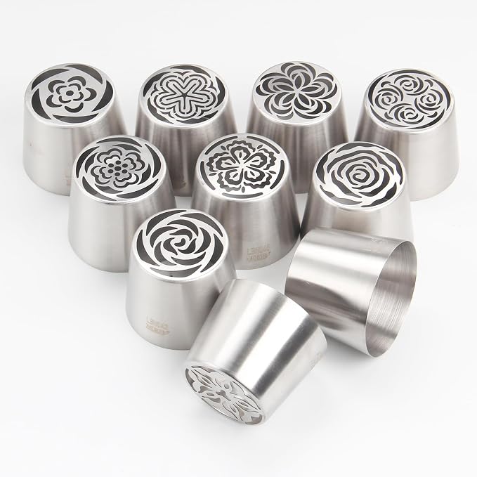 12-Piece Extra-Large Russian Flower Piping Tip Set, Stainless Steel Rose and Tulip Piping Tips for Cake Decoration, Including 10 Extra-Large Flower Tips, 1 Leaf Tip, and 1 Brush