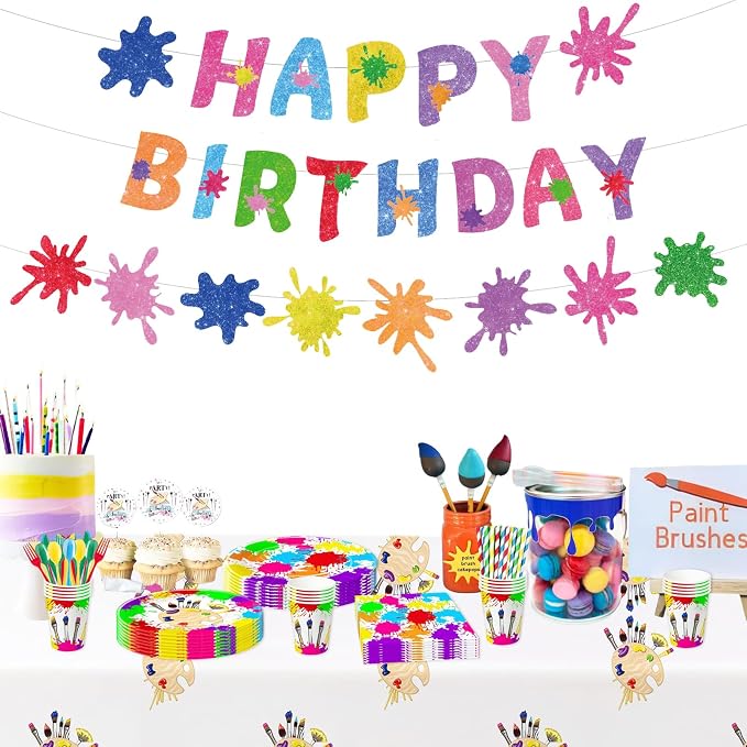 Zwiebeco Colorful Graffiti Paint Art Happy Birthday Banner Hanging Paper Sign for Girls Boys Kids Adults Party Decoration Supplies