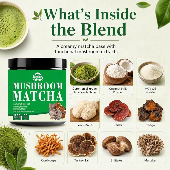 Suiyilary Mushroom Matcha, Ceremonial Matcha Tea Powder with 7 Superfood Mushrooms, Gluten Free, Taste Great Hot or Cold Matcha Latter - 150g 30 Serving