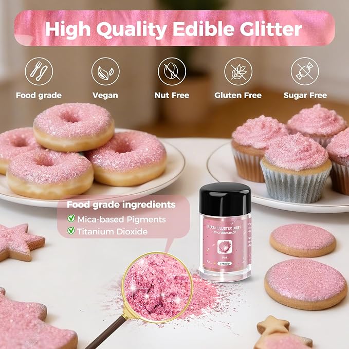 CRPTHE Pink Luster Dust Edible 5g, Edible Glitter for Drinks, Food Grade Glitter Shimmer Sprinkle Powder for Cocktails, Baking, Beverages, Cakes, Strawberries, Cookies, Fondant, Vegan