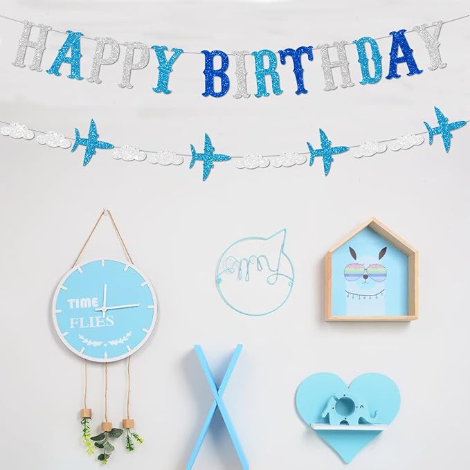 Zwiebeco Blue White Silver Happy Birthday Banner Sign Airplane Clouds Theme Hanging Paper Party Decorations for Babys Kids Boys Girls Children's Accessories Supplies