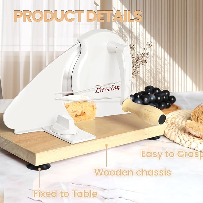 Brvclon Manual Bread Slicer Adjustable Thickness, Hand Crank Bread Slicer for Homemade Sourdough Bread with Scale Line & Suction Cup & Metal Guide,Quality Solid Wood Base & Gift-Level Packaging