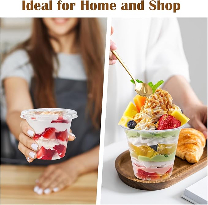 BYSNOW 100 Pack 9 oz Clear Plastic Cups With Flat Lids No Hole, Disposable Dessert Cups with Lids for Ice Cream, Pudding, Fruit, Cold Drinks, Cake, Snacks, Yogurt Parfait