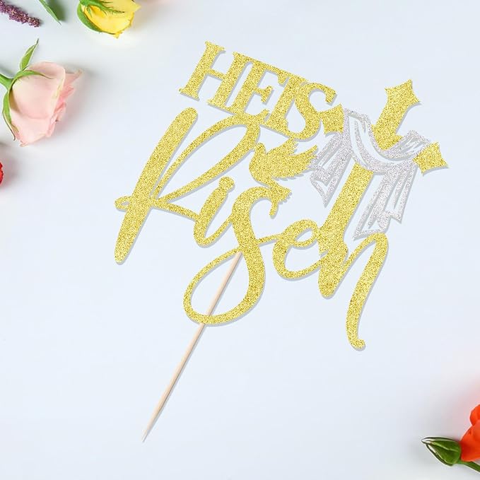 Gold Glitter He is Risen Cake Topper,First Holy Communion Baptism Cake/God Bless Cake Decorations/Jesus Happy Easter Theme Party Cake Decorations