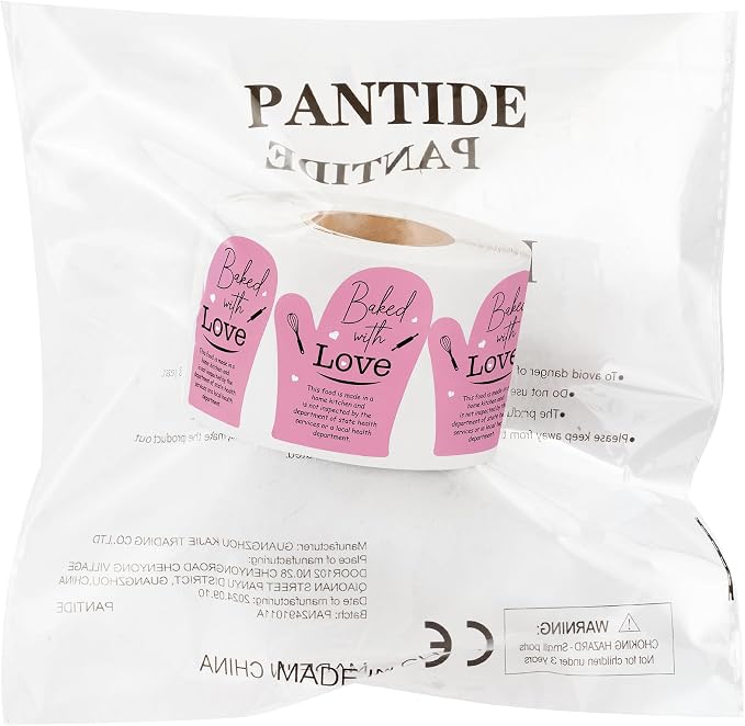 PANTIDE 500 Count Baked with Love Cottage Food Law Labels Stickers (Pink) | Adhesive Oven Mitt Shaped Decal Roll, Made in A Home Kitchen, Inspection Statement Thermal Printed, for Baked Food Packaging