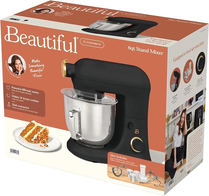 6 Quart Stand Mixer, 600W Tilt-Head Electric Kitchen Mixer with 12 Speeds, Stainless Steel Bowl, Dough Hook, Whisk & Beater, Multifunction Food Mixer (Black Sesame)
