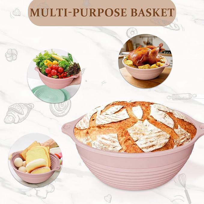 4Pcs Silicone Bread Proofing Basket, 9" Collapsible Sourdough Banneton with Dual Handles, Non-Stick Round Dough Proofing & Baking Bowl, Easy Clean, Oven Safe, BPA Free