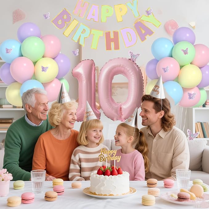 10th Birthday Decorations for Girl-12 inch Pastel Balloons, 32 Inch Pink 10 Balloon, 3D Butterflies Stickers, Happy Birthday Banner For Girl 10 Years Old BD Party Decorations