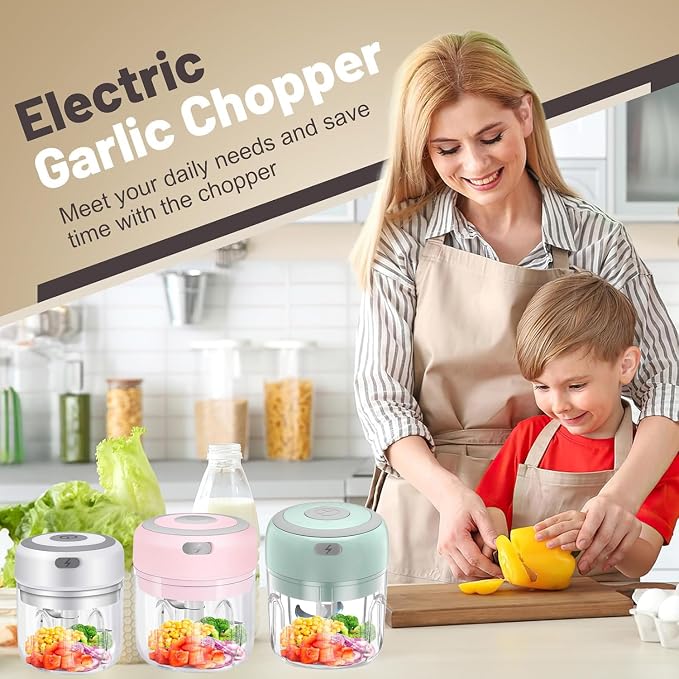Electric Mini Garlic Chopper & Food Processor with Spoon & Brush - 2 Cup Portable Cordless Vegetable Blender, Onion Mincer with USB Charging for Baby Food, Chili, Herbs, Spices (White, 100+250ml)