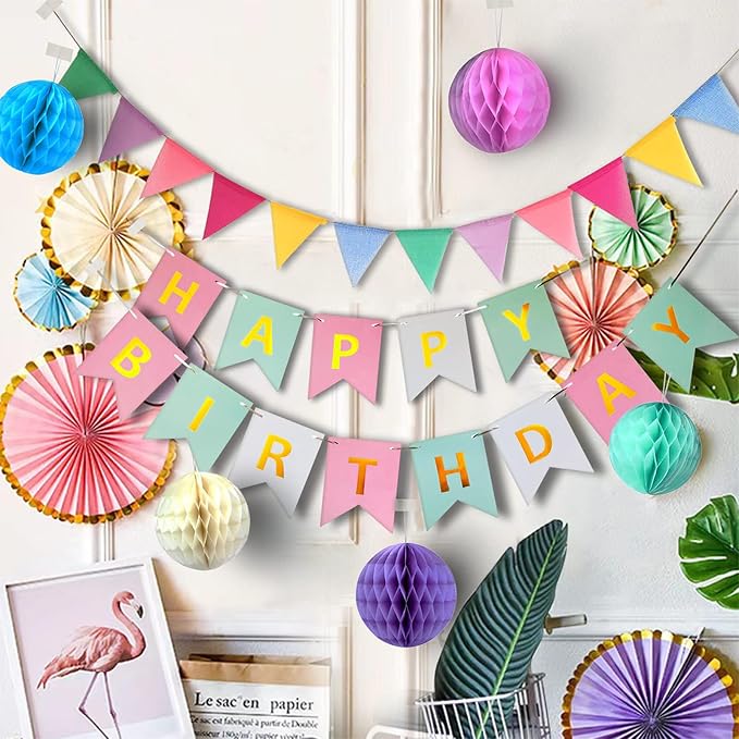 Pastel Birthday Party Decoration, Macaron Happy Birthday Party Decoration for Girls Women with Happy Birthday Banner Bunting Hanging Paper Fans, Girl Woman Pastel Birthday Honeycomb Decoration