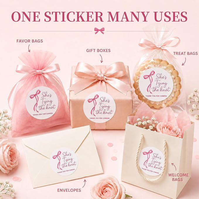 120 Bridal Shower Stickers, She's Tying the Knot Thank You Favor Stickers, Pink Bow Bride Sticker Labels for Bride to Be, Bridal Shower Favors, Gift Bags, Favor Boxes, Engagement Party, 1.6 Inch