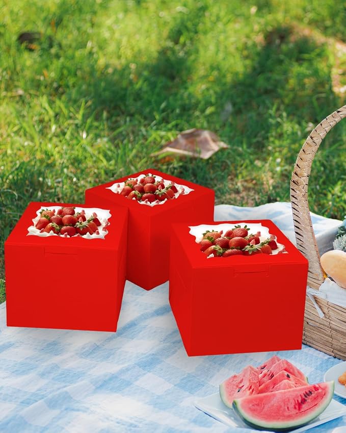 Bakepacker Red 8x8x5 Inches 36pcs Cake Boxes with Window 18-Packs Red 8 Inch Bakery Boxes (18 Cake Boxes +18 Cake Boards Included)