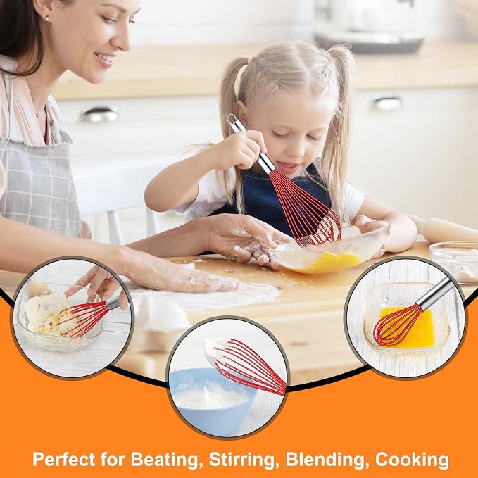 HOTEC 4 Pieces Silicone Whisks Set, Wire Balloon Whisks for cooking Egg Beater, Non-slip Handle Whisk for Non-stick Cookware Perfect for Cooking, Stirring, Beating and Blending,Red