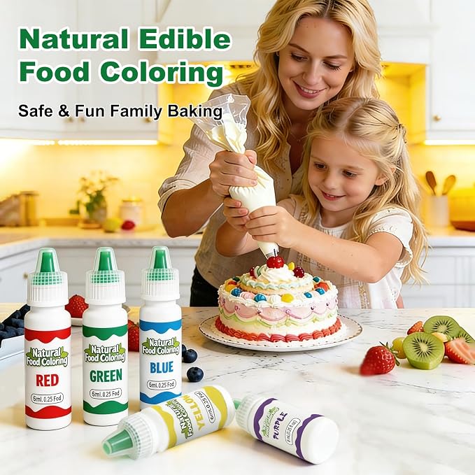 Natural Food Coloring Set, 5 Colors Red Yellow Blue Green Purple, Plant-Based Edible Liquid Color for Baking, Decorating, Fondant, Frosting & Holiday Desserts 10mL/Bottles