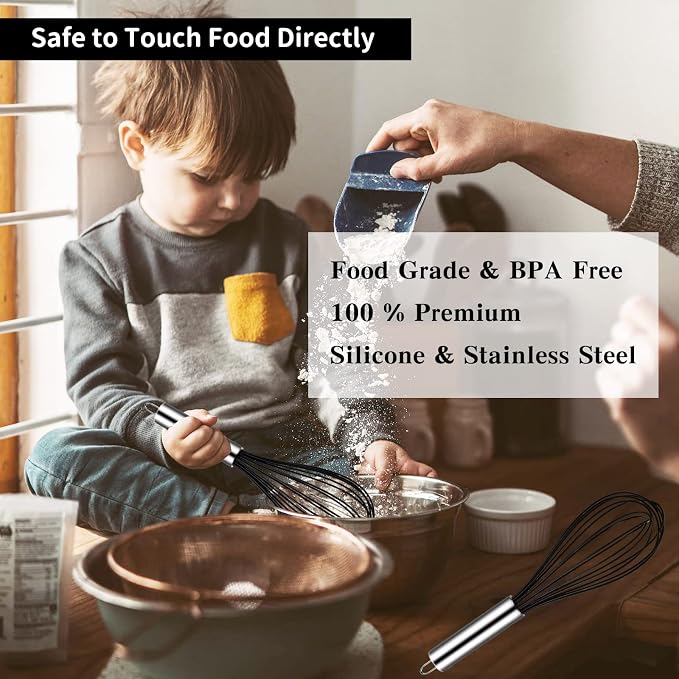 TEEVEA Silicone Whisk Set Non Scratch BPA Free for Nonstick Cookware, 3 Piece 8/10/12 Inch Stainless Steel Core Heat Resistant, Egg Beater for Cooking Baking, Black